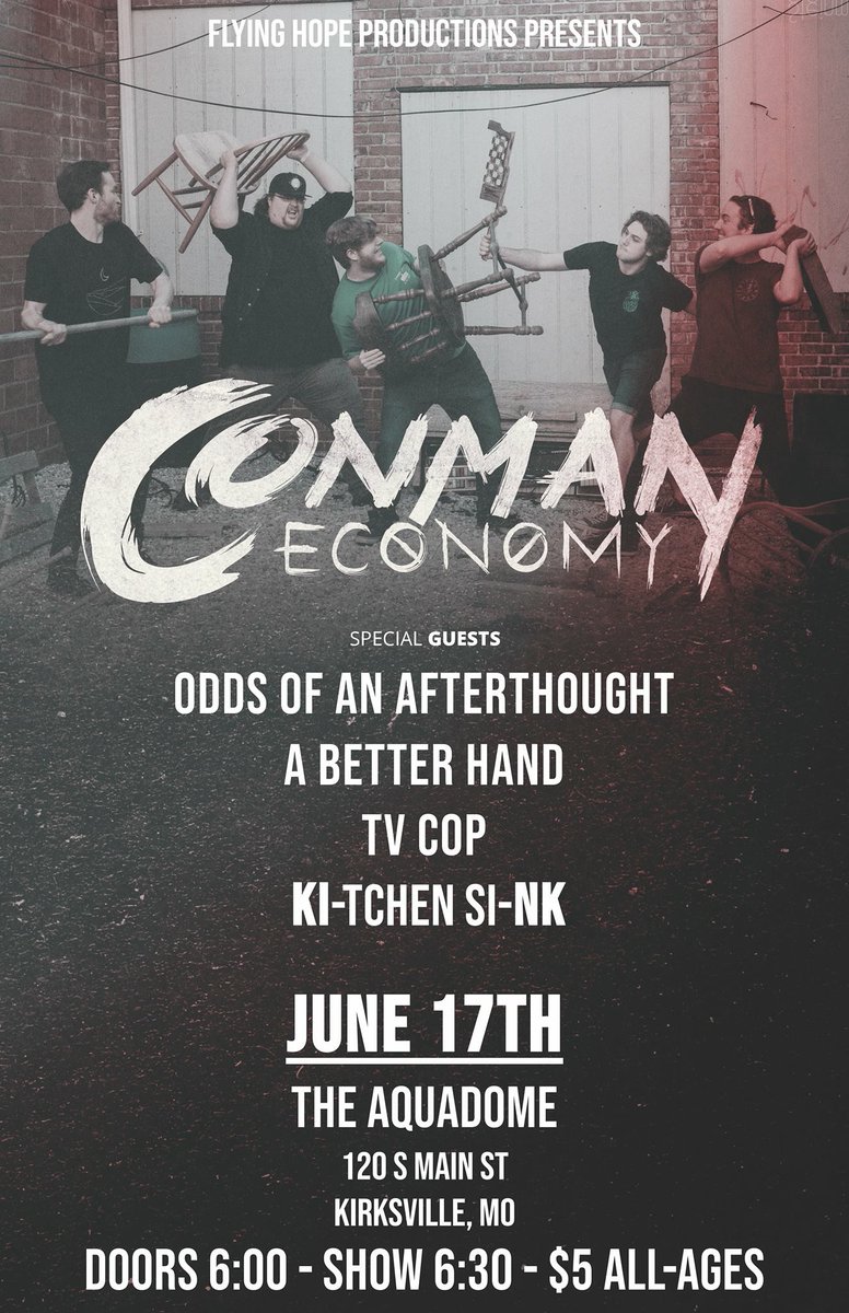 ConmanEconomy's tweet photo. Tour kickoff is tonight! Come party with us at The Aquadome!
#ConmanEconomy #OddsOfAnAfterthought #ABetterHand #TVCop #KitchenSink #Aquadome #Kirksville #Summer2018 https://t.co/ASkKKjawfo