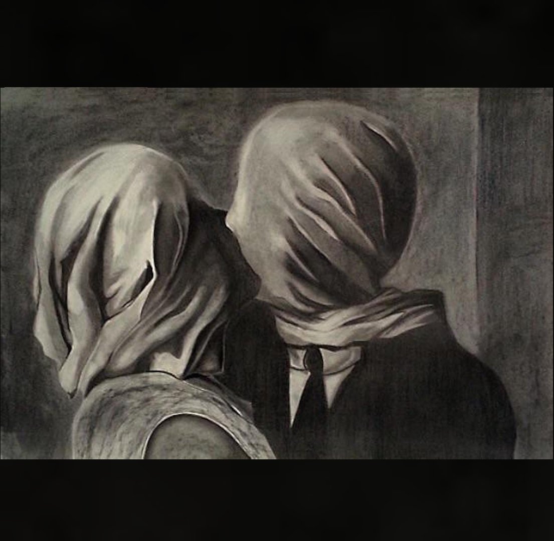 First sketch for The Lovers (1928). Rene Magritte's initial charcoal sketch for what became one of the definitive images of Surrealism. Since the 60s many thought it represented "repressed desires". It could also be a romantic image playing on death shrouds and 'love unto death'