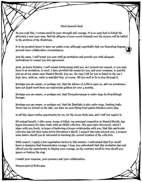 LastRealmsDM's tweet photo. An #IntellectDevourer, a #LolthTouched drow Rgr, a familiar drow Ftr/Rog, a #Desmodu slave and a #Gauth (lesser beholder) attack the party using ring gates. After a short battle, remaining foes escape through the ring, leaving behind a letter for #Aust. Foes of the #HerosNorth https://t.co/h8AAhKTkAb