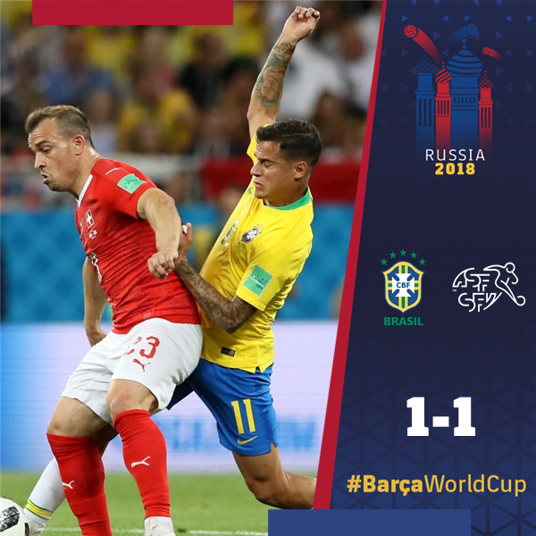 🔵🔴  #BarçaWorldCup <a href="/FCBarcelona/">FC Barcelona</a> 
#Bra - #Sui
⚽🚀 <a href="/Phil_Coutinho/">Philipe Coutinho</a>
⏰ 90' 
👍 <a href="/paulinhop8/">Paulinho</a>
⏰ 66'
👈