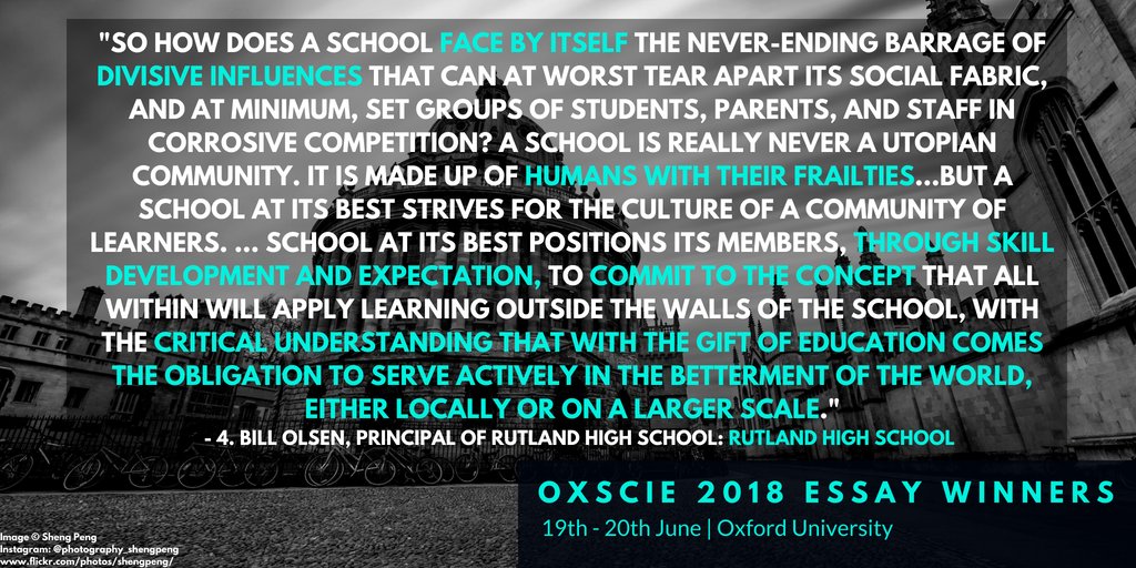 We are loving this essay by Principal Bill Olsen of Rutland High School in Vermont, US about how schools respond to the forces at play beyond their walls submitted for #OXSCIE 2018. #shoreingupsociety #frontlines #uncertainty Read the full piece here: drive.google.com/file/d/1ckwGwY…