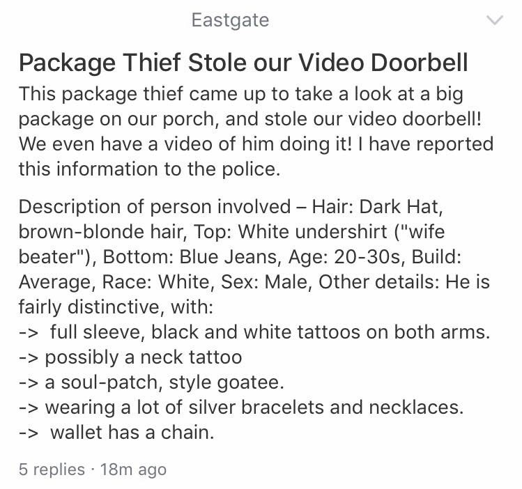 "Package thief stole our video doorbell"