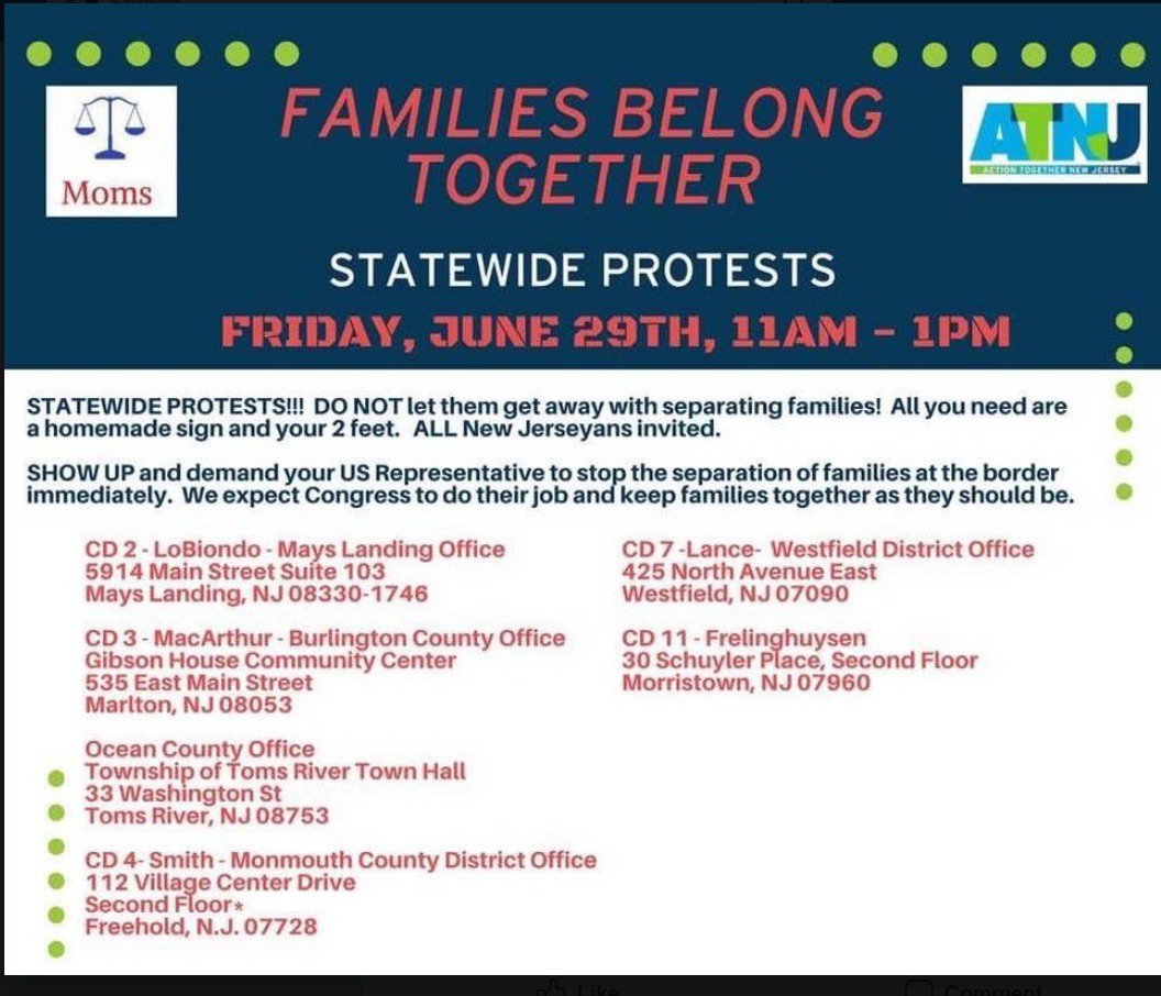 NJIndivisible's tweet photo. This is a moment to stand up for what is right and #EndFamilySeparation. 

This Friday June 29, 11 am - 1 pm, at congressional district offices across NJ, join a #FamiliesBelongTogether rally near you. 

Thank you @Action2getherNJ and co-sponsors. https://t.co/X08h1W8TDr