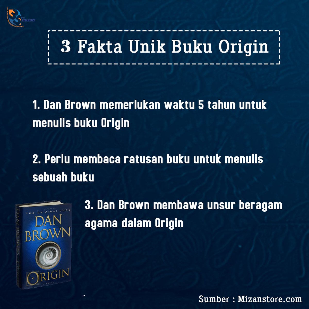 PenerbitMizan's tweet photo. Karya-karya yang Dan Brown tulis memang hanyalah fiksi, namun Ia sukses menyihir pembaca dengan cerita yang terasa begitu nyata.  Apa rahasianya?

#DanBrown #danbrownorigin #Origin #TheDavinciCode #Inferno #penerbitmizan #mizan35 #Mizan https://t.co/xdOBXNBsnk