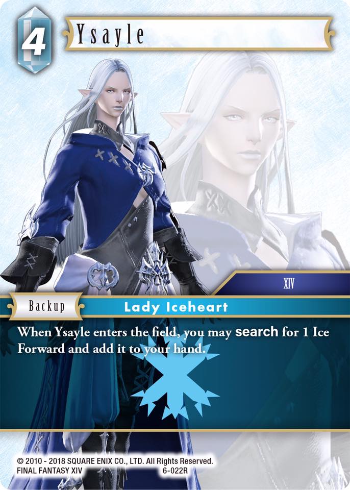FFTCG_Canada's tweet photo. We're back with an Ice backup!! 
For all those lovers of FFXIV, Ysayle is here to freeze your melting heart...

...and search for an Ice forward. https://t.co/Ew4Yqyjjma