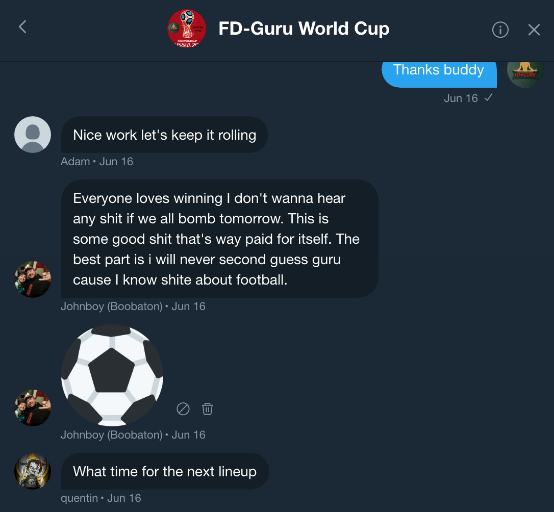 fd_guru's tweet photo. The World Cup has been UNREAL so far. The group chat is having a lot of fun and winning $$! 3-0 to start!

As celebration, giving away one more FREE pass. Make sure to RT to get in a premium group here! 

visit https://t.co/zeXj6gdvlH for all DFS needs https://t.co/rcVPkfKEuq