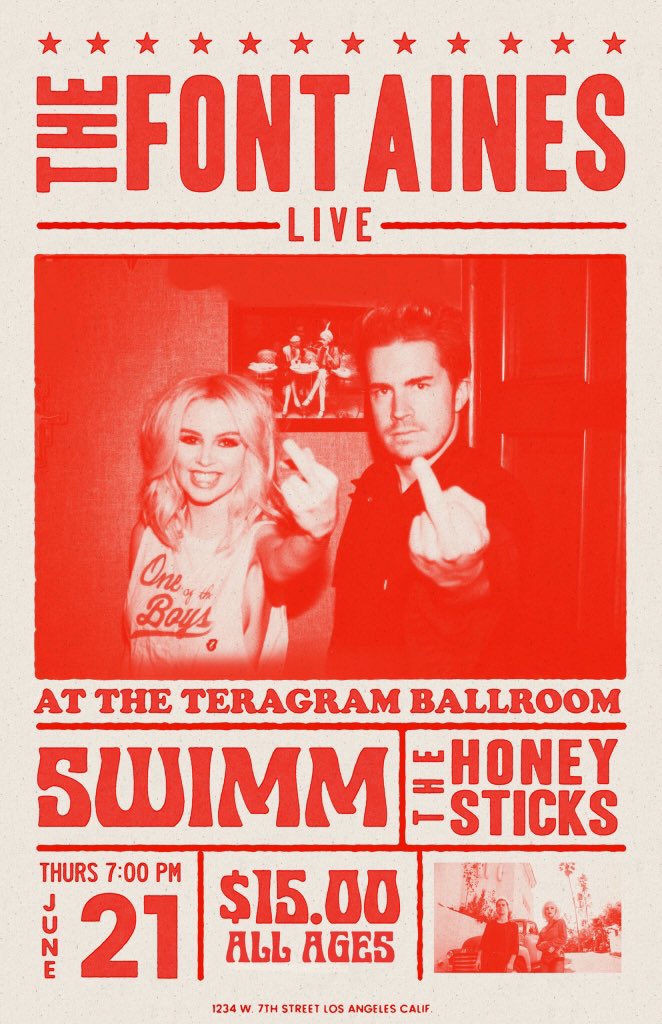 LOS ANGELES -

this Thursday 6/21, I will be playing my biggest show yet with my band <a href="/TheHoneysticks/">The Honeysticks</a> and our friends over at <a href="/TheFontaines/">The Fontaines</a> and <a href="/SWIMMmusic/">SWIMM</a> 

show is at <a href="/TeragramLA/">Teragram Ballroom</a>, all ages, ticket info HERE:

ticketmaster.com/search?q=the+f…