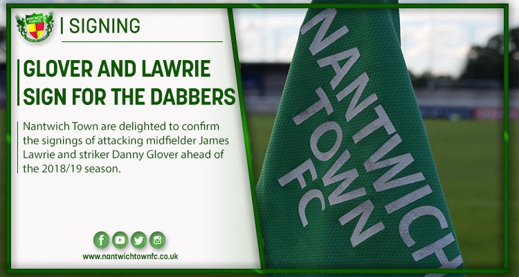 Nantwich Town FC (@thedabbers) on Twitter photo ✍️ | The club are delighted to announce the signings of midfielder <a href="/jlawrie18/">James Lawrie</a> and striker <a href="/dannyglover24/">Danny Glover</a> ahead of the 2018/19 season.
➡️ nantwichtownfc.co.uk/signing-lawrie… ✍️ | The club are delighted to announce the signings of midfielder <a href="/jlawrie18/">James Lawrie</a> and striker <a href="/dannyglover24/">Danny Glover</a> ahead of the 2018/19 season.
➡️ nantwichtownfc.co.uk/signing-lawrie…