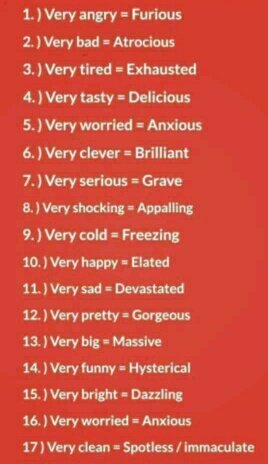 EnglishNotes3's tweet photo. Here are some helpful and useful words to use instead of VERY. 👍👌
#البرازيل_سويسرا #يوم_الاب #كوستاريكا_صربيا #وش_تحب_بالرياض #الارجنتين_ايسلندا #فايز_المالكي_يستحق #تعطل_موقع_جامعه_الامام https://t.co/Z58V3sii5f