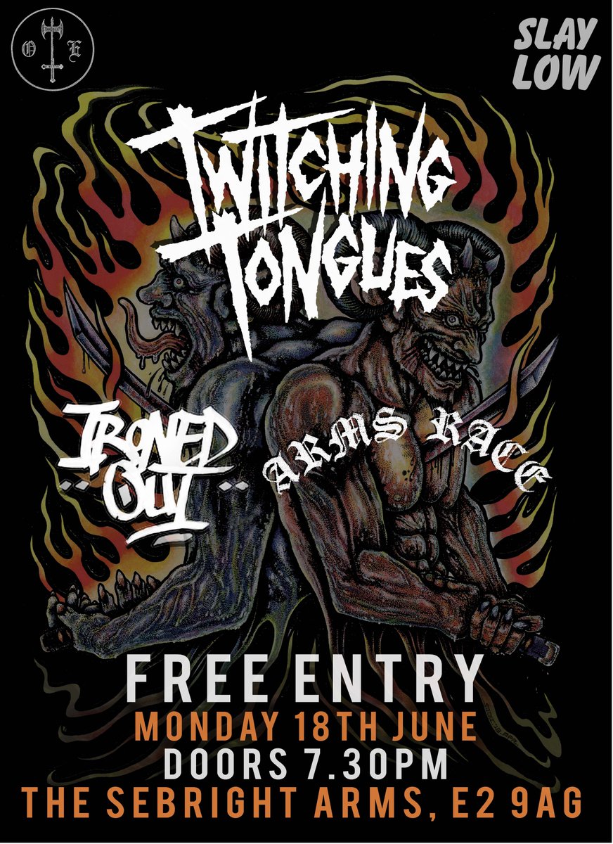 So pumped to team up with <a href="/old_empire/">Old Empire</a> to announce <a href="/twtchngtongues/">Twitching Tongues</a> will be playing the @SebrightArms tomorrow night (Monday 18th June) for FREE! RSVP: facebook.com/events/2746019…