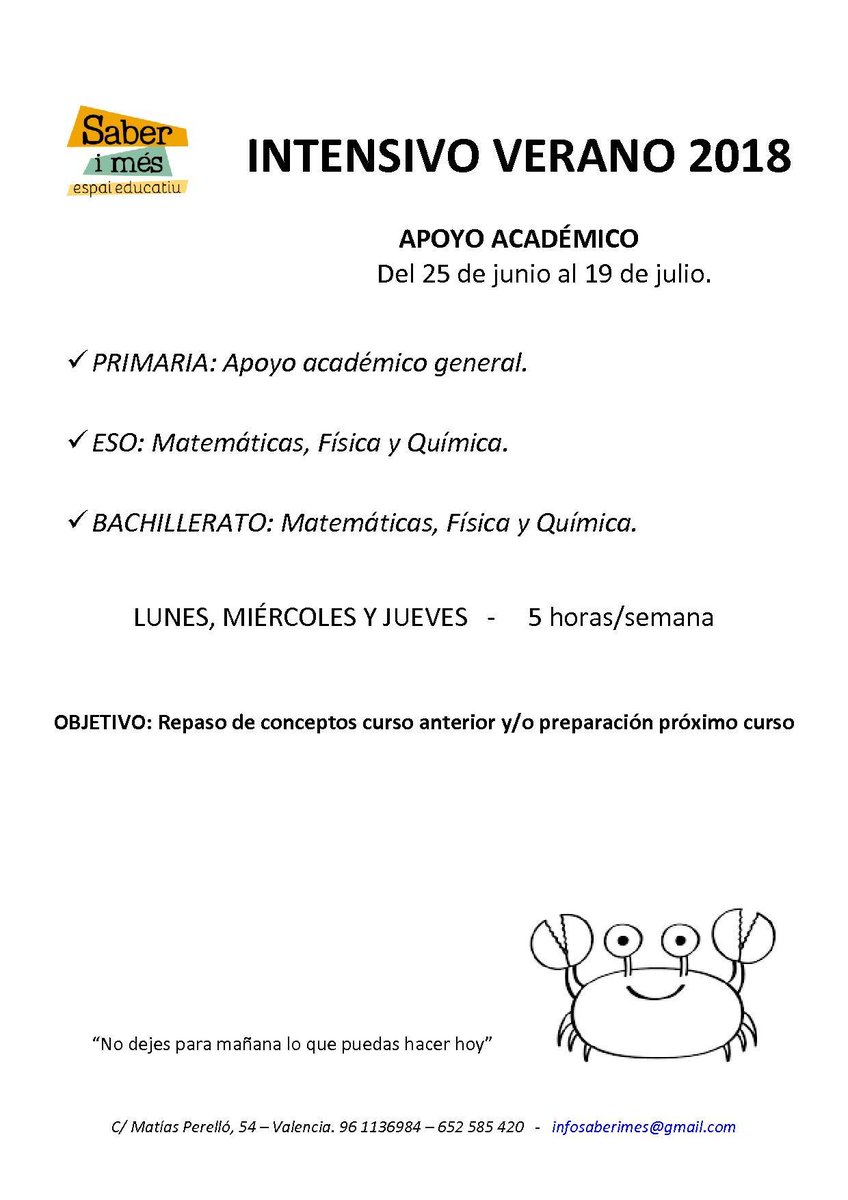 saberimes's tweet photo. Intensivo verano 2018. Apoyo académico.
Del 25 de Junio al 19 de Julio. 📕📗📚📒🙂💪

#clases #apoyo #académico #eso #primaria #bachillerato #repaso

https://t.co/RQGlGi4qUg

Más info en 👉📩 info@saberimes.es https://t.co/gDdTd4xSDv