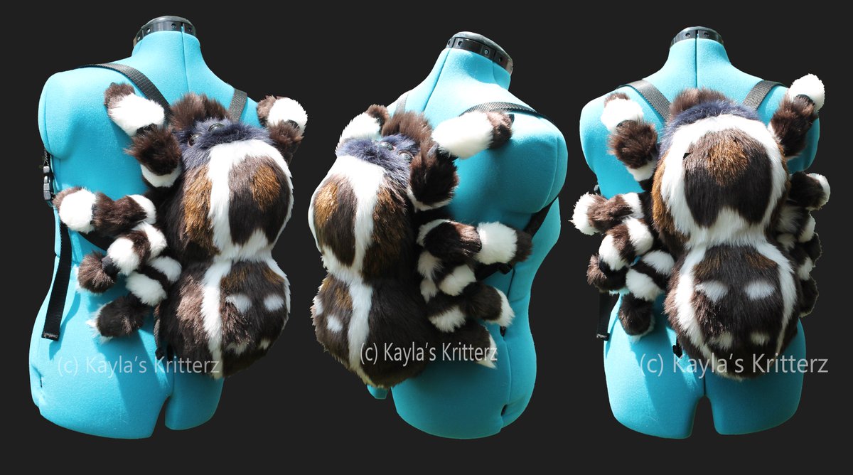 Jumping spider plush backpack with posable legs finished for a customer! Made with faux fur and all markings completely handsewn. If interested in a custom commission please email Kaylaskritterz@yahoo.com