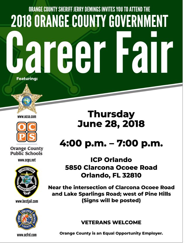 OrangeCoSheriff's tweet photo. We are hiring!
Mark your calendars for our next Career Fair on June 28th at ICP Orlando. 5850 Clarcona Ocoee Rd. join @OCPSnews @OCFireRescue @OrangeCoFL 
Come on by and learn about the great job opportunities! #jobs #orlando https://t.co/6vb0yaWgur