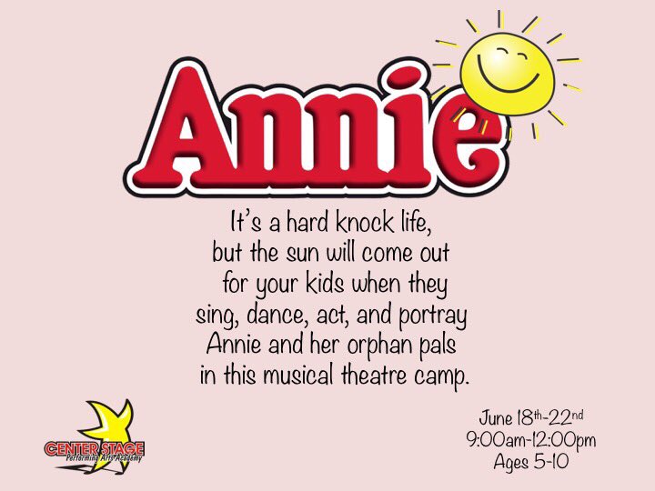 centerstage_paa's tweet photo. The sun will come out tomorrow when our Annie campers arrive! Come join us at 9:00am - we'll have registration forms ready! #coolestcampsintown https://t.co/uGcWc5IyUJ