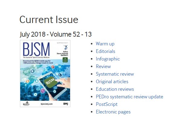 BJSM_BMJ's tweet photo. Here's the current issue: https://t.co/PrfZUpNlVk
Number 13 for 2018. Thanks  @BASRaTorg Steve Aspinal for Editing. Follow @BASRaTorg &amp; @BASRaTSymposium for *2019* Annual Meeting &amp; Symposium. Cover highlights 'BJSM' app - >10K downloads and perfect for FREE BJSM podcasts... https://t.co/s7MsJ1NLzE