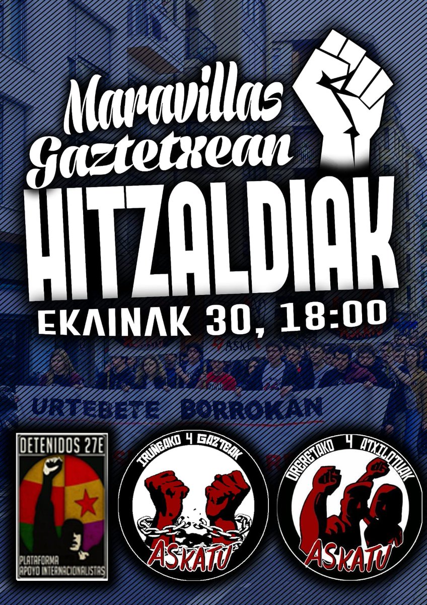 Ekainaren 30ean Iruñan <a href="/maravillasGTX/">Maravillas Gaztetxea</a> -an emango dugu hitzaldia <a href="/OAskatu/">Oreretako 4ak Askatu</a> eta @detenidos27E -rekin.

El 30 de junio daremos una charla en Iruña en <a href="/maravillasGTX/">Maravillas Gaztetxea</a> junto a <a href="/OAskatu/">Oreretako 4ak Askatu</a> y @detenidos27E 

Animatu zaitezte!