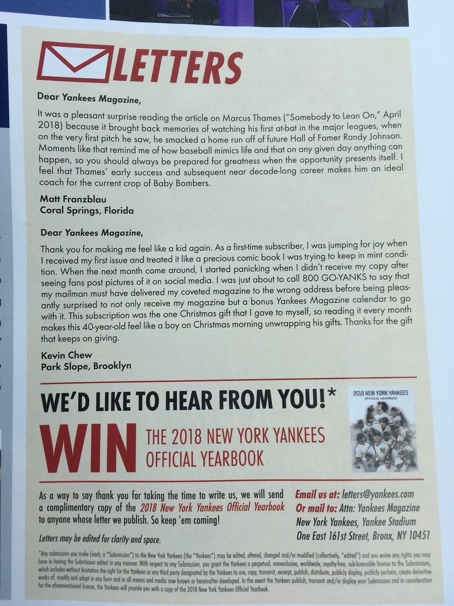 DKJAmattf's tweet photo. Toda Roba to the @Yankees and Yankees Magazine for publishing my letter to the editor. Always good to have my words printed when they pertain to the pinstripes. 👏🏻📖⚾️ https://t.co/c27LXI5y02