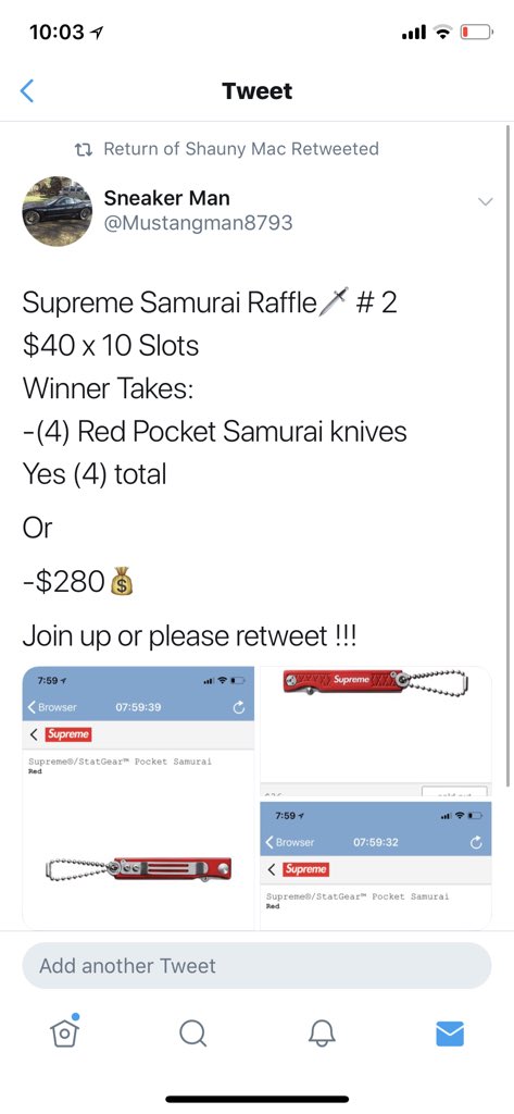 Mustangman8793's tweet image. MINI #3
Supreme 

$12 x 10 
3 winners each get a main 
Join up or please retweet 
Thanks !!!!