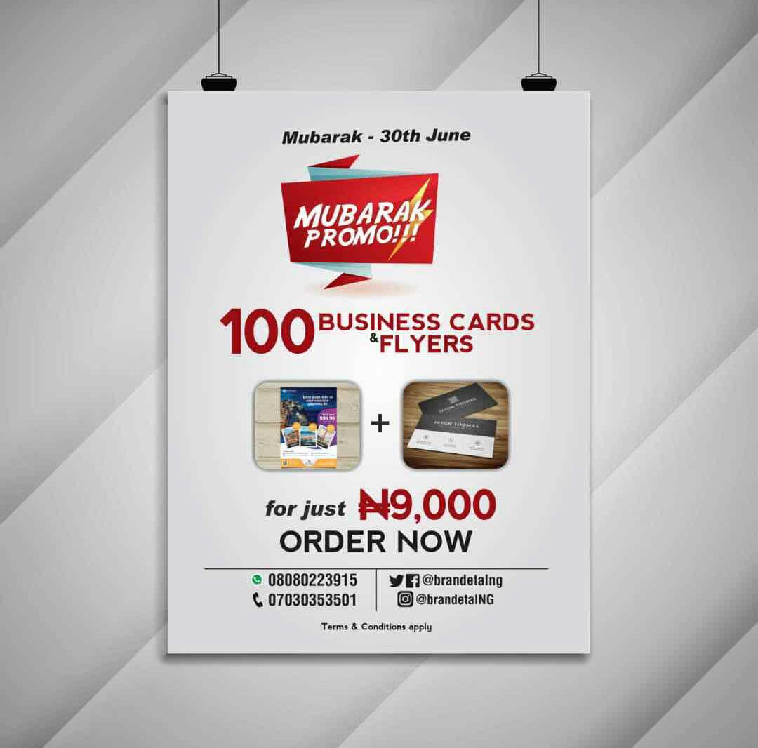 SalesboiNG's tweet photo. Grab this mouth watering offer from @brandetalng to further boost your company's credence.
#MubarakPromo #Printing #PrintMedia #EidMubarak2018 #EidMubarak #EidPromo #Brandetal #Creativity #Business #BusinessHorizons
@Iam__princey @ThatNsukkaBoy @Teejaytopsticks @opasadeyinka https://t.co/IamJ6jwkWk