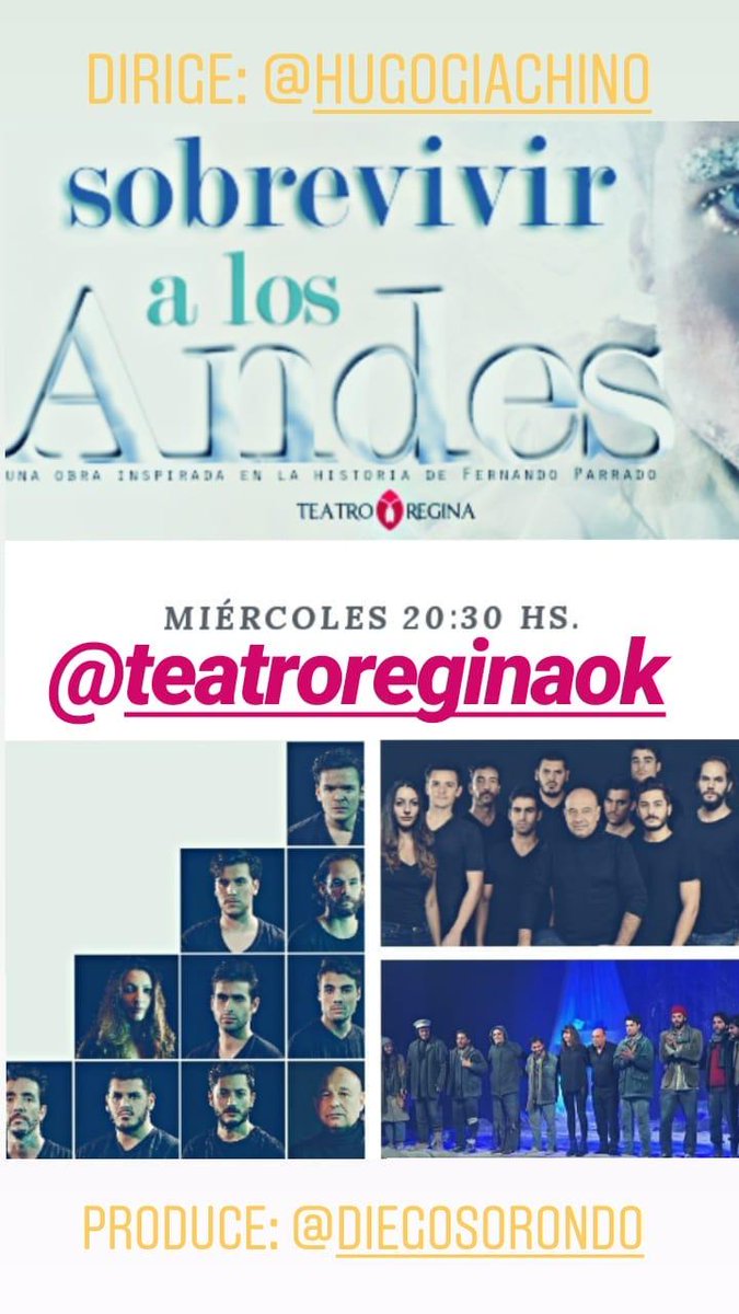 Este miércoles 20:30 hs. ❄ #SobrevivirALosAndes ❄ en el <a href="/teatroreginaok/">TEATRO REGINA</a> 🎭 Dirige <a href="/HugoGiachino/">Hugo Giachino</a> Produce <a href="/dsorondo/">Diego Sorondo</a>