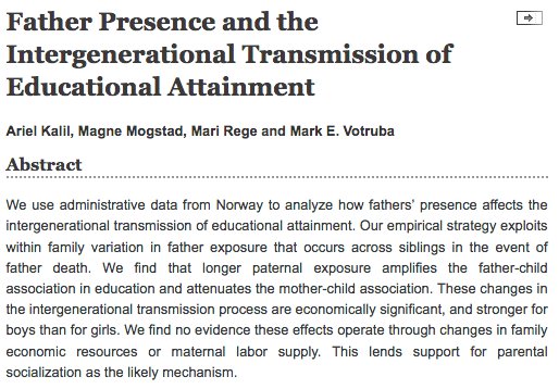 Matt Notowidigdo (@profnoto) on Twitter photo <a href="/tukopamoja/">David Evans</a> Maybe not my favorite, but I like this one (great example of clear & precise writing for grad students)
"Father Presence and the Intergenerational Transmission of Educational Attainment" by Kalil, Mogstad, Rege, & Votruba (Journal of Human Resources 2016) jhr.uwpress.org/content/51/4/8… <a href="/tukopamoja/">David Evans</a> Maybe not my favorite, but I like this one (great example of clear & precise writing for grad students)
"Father Presence and the Intergenerational Transmission of Educational Attainment" by Kalil, Mogstad, Rege, & Votruba (Journal of Human Resources 2016) jhr.uwpress.org/content/51/4/8…