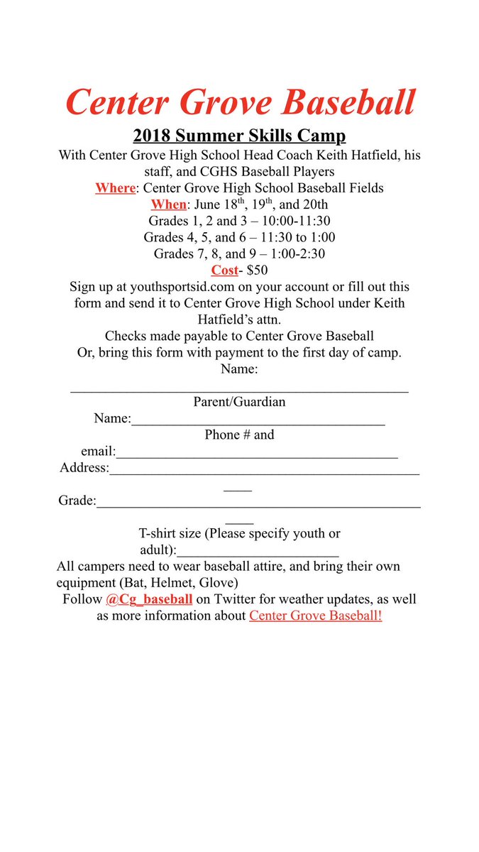 cg_baseball's tweet photo. CAMP TOMORROW!!! Walk ups welcome. We will have camp this week rain or shine at the CG high school baseball field. Come get better with the high school staff and players!! https://t.co/iTsrFPleBd