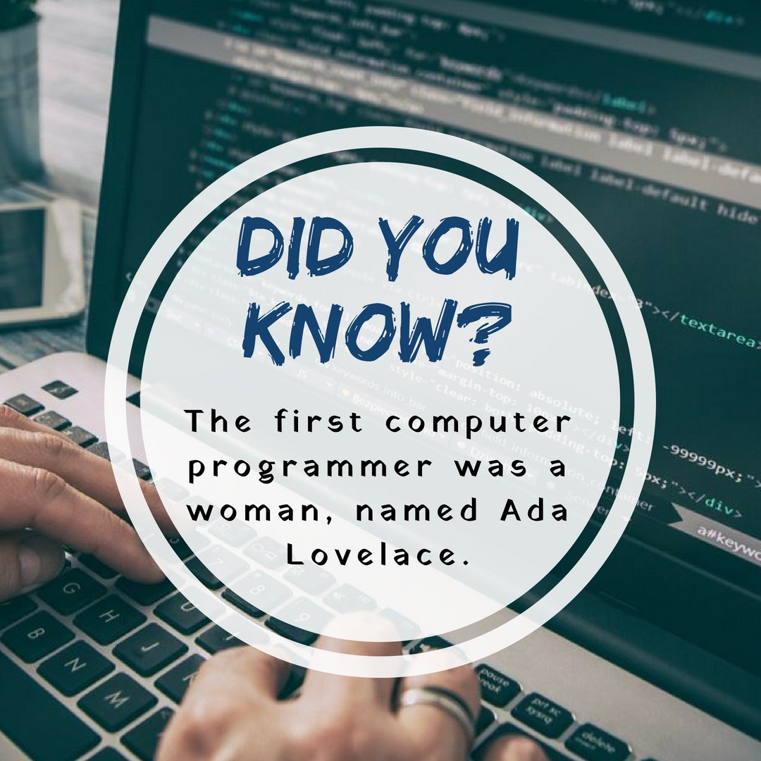 RInfomatics's tweet photo. Can’t a girl code? The first ever computer programmer was a female, named Ada Lovelace.
#facts #mondayfacts #programmingfacts #programmers #firstprogrammer #femaleprogrammers #coding #webdeveloper #development #webdesign #alwaysbecoding #codinglife #motivationalmonday #RIPL https://t.co/gwv2BjJDov