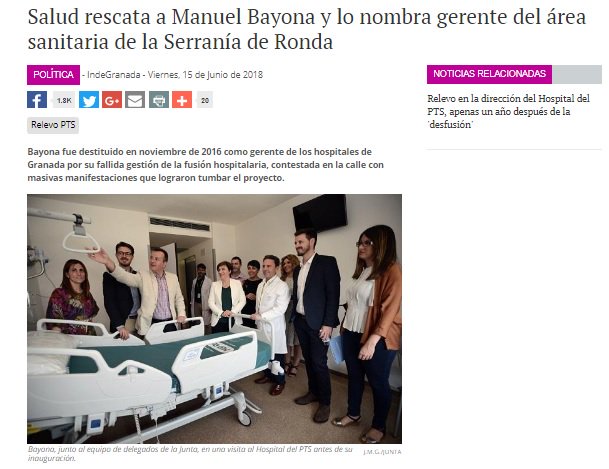 Manuel Bayona, destituido en noviembre de 2016 como gerente de los hospitales de Granada por su fallida gestión de la fusión hospitalaria, ha sido ahora "premiado" por <a href="/AndaluciaJunta/">Junta de Andalucía</a> con la gerencia de un nuevo hospital. #sanidadpublicadigna