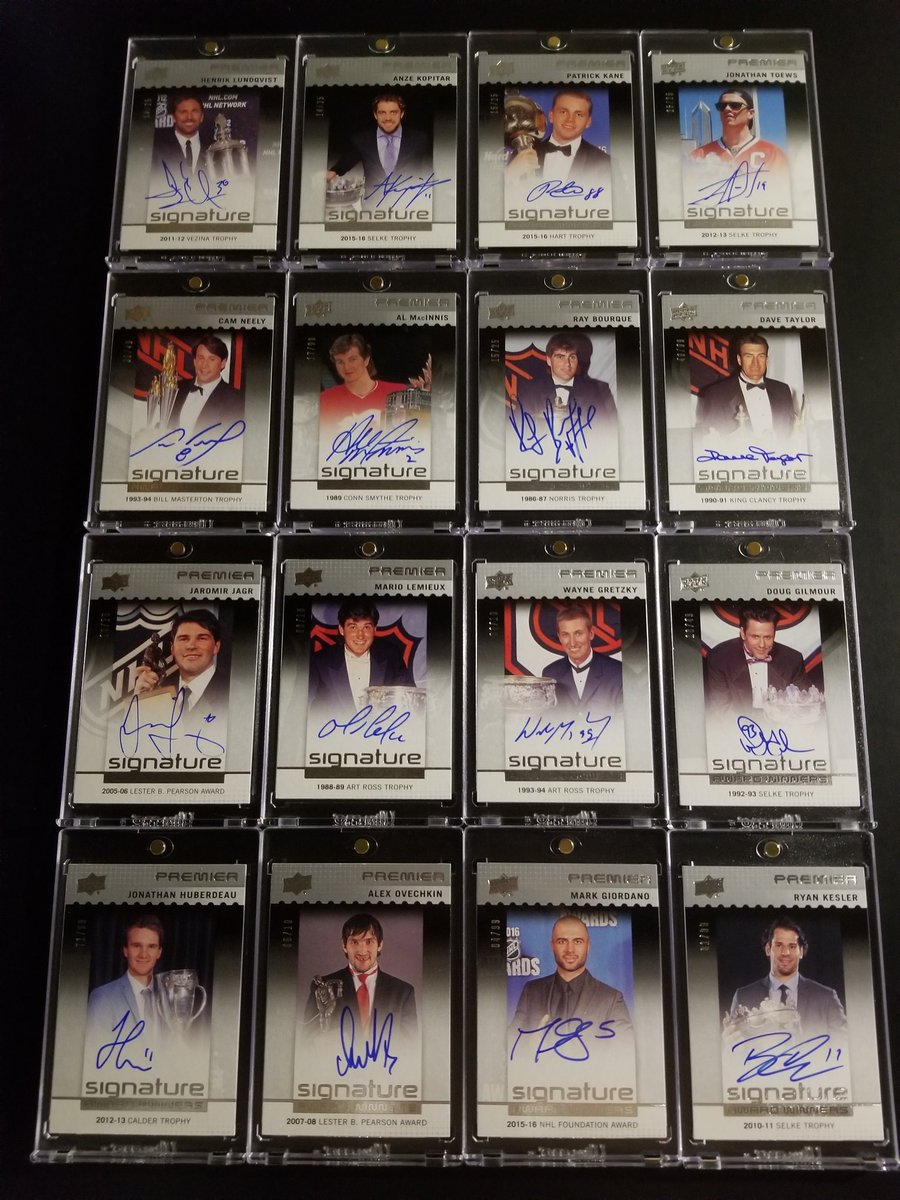 LJisCollecting's tweet photo. Congrats to @ovi8 and the @Capitals for winning the Stanley Cup!!! Now that Award Season is upon us, what's everybody's prediction for each award? #CompletedSet for the Award Winners Auto Set from 16 - 17 UD Premier Hockey. @UpperDeckHockey @UpperDeckSports @SHOWYOURHITS https://t.co/t33lGE7FK4