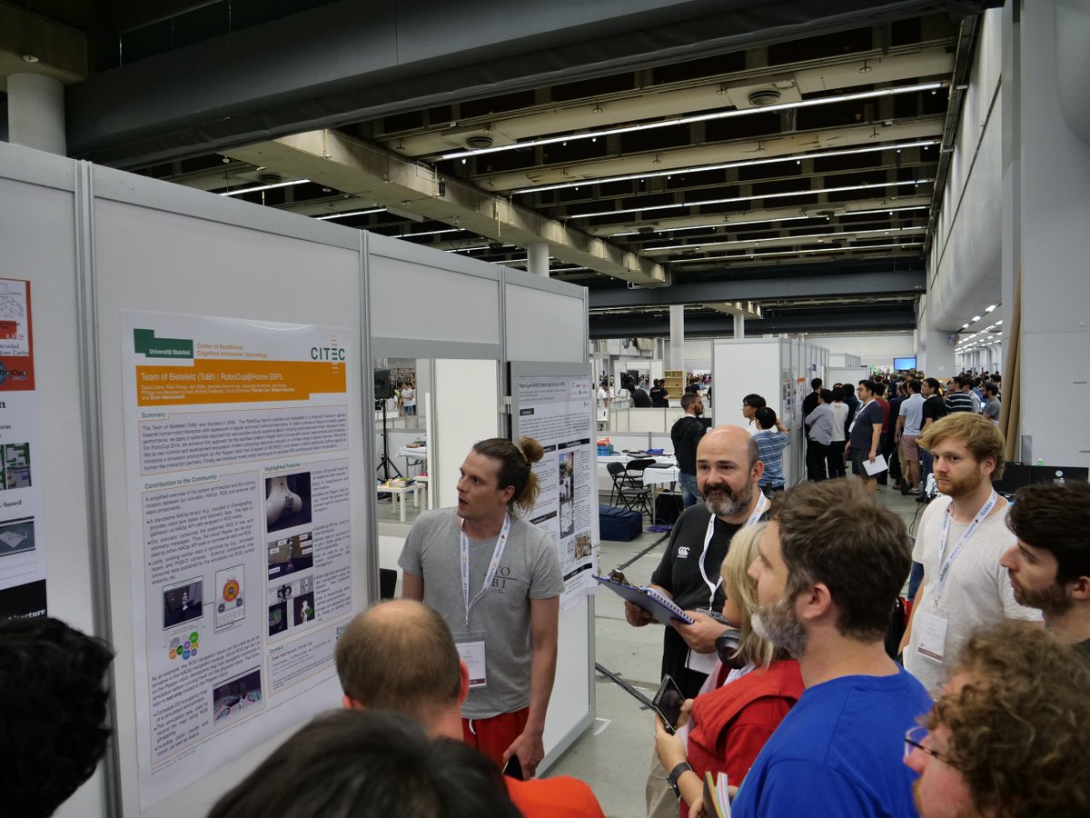 #TeamToBi took first official steps inside the arena, passed the robot inspection and qualified for the tasks ahead. Meanwhile exchanging research with other #robocup2018 teams during poster session.