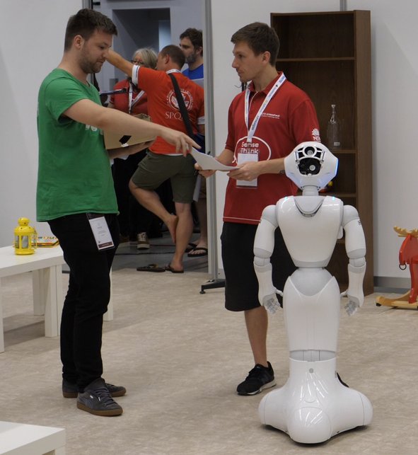 clf_citec's tweet photo. #TeamToBi took first official steps inside the arena, passed the robot inspection and qualified for the tasks ahead. Meanwhile exchanging research with other #robocup2018 teams during poster session. https://t.co/tUhUMnL6aJ