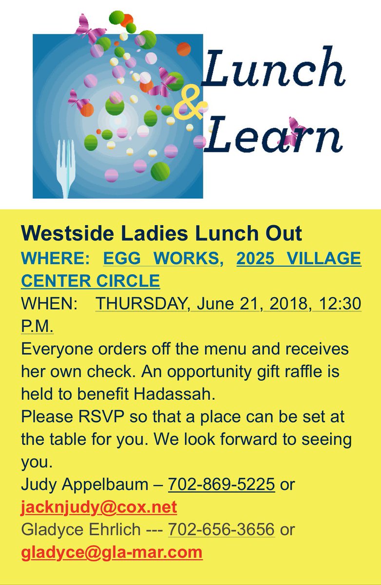 Hadassah_SNV's tweet photo. Want to socialize in Summerlin? Join us for Lunch &amp; Learn. Thursday, June 21, 12:30pm at Egg Works! https://t.co/zw6xwsoWxr