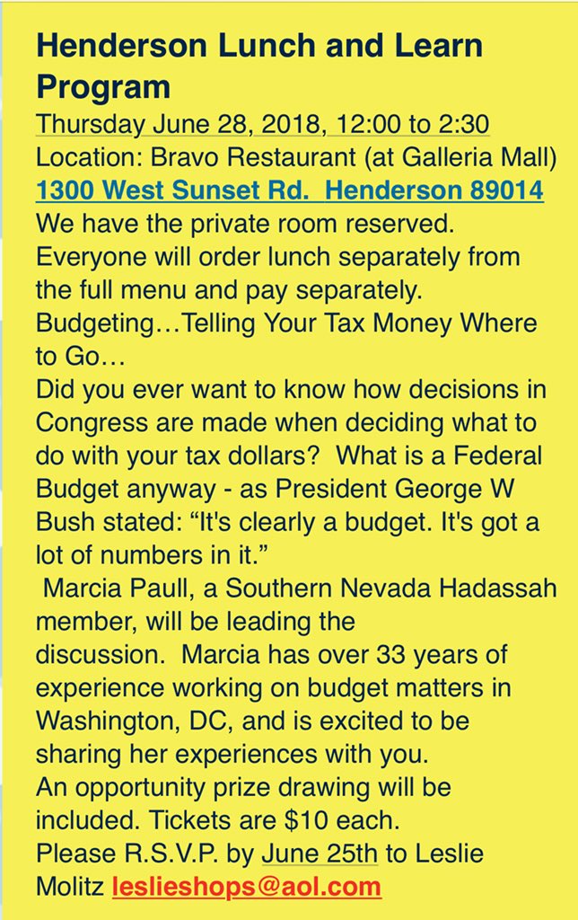 Hadassah_SNV's tweet photo. In the Henderson area? Come for the Henderson Lunch &amp; Learn a week from this Thursday! Join us on June 28th at 12:00pm at Bravo in the Galleria Mall. https://t.co/MI09GAxqs6