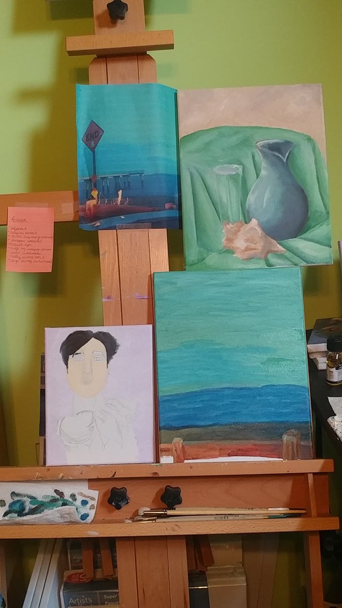 UnchainedCreate's tweet photo. Painting night Thursday was a success for all of us @laurcoisdead @DomVillani #art #artwork #artist #fineart #oilpaint #oilpainting #stilllife #oceanscape #portrait #artforsale #artprints #fineartprints #etsy #etsyseller #etsyshop https://t.co/s8zuvUEgOl #unchainedcreativity https://t.co/BeFCyGoIPN