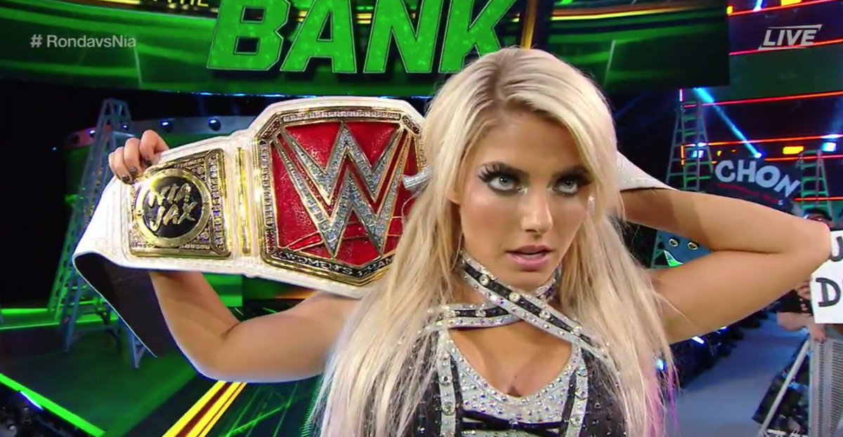 BRWrestling's tweet photo. Alexa cashes in and is your new champion!! 

#MITB https://t.co/yhmeGUoglA