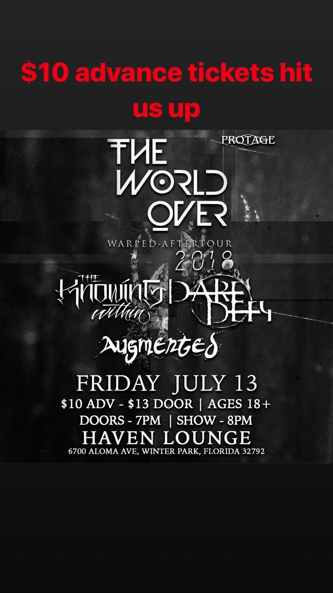WeAreDareDefy's tweet image. OUR NEXT SHOW IN ORLANDO!! $10 limited advance tickets !! Message us to get yours !! #wearedaredefy #daredefy #metalcore #newsartists #metal #metalcore #florida #havenlounge #orlando #theknowingwithin #theworldover #augmented #concerts #tickets #diyband