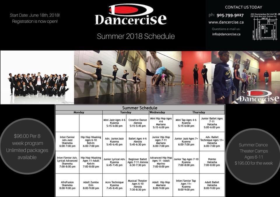 Come out and dance with us tomorrow for Summer classes
Advanced jazz &amp; contemporary ZumbaAfrican fuzion class.Register for 96.00 for 8 weeks for one class Take unlimited classes for 300 +hst for 8 weeks single,  family 500+hst drop in for 15.00. Waaking is not running for summer.