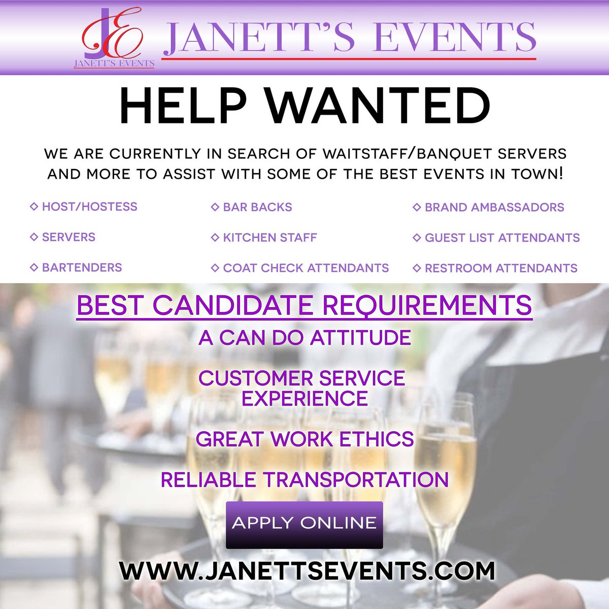 Janetts_Events's tweet image. We're looking for nice, fun &amp;amp; upbeat, servers to join our team! Apply here --&amp;gt; goo.gl/M8hp9C #AtlantaEvents 
 #Celebrate #Events #Atlantastaffing #Atlstaff #Atlanteventstaff #Atlantwaitstaff.