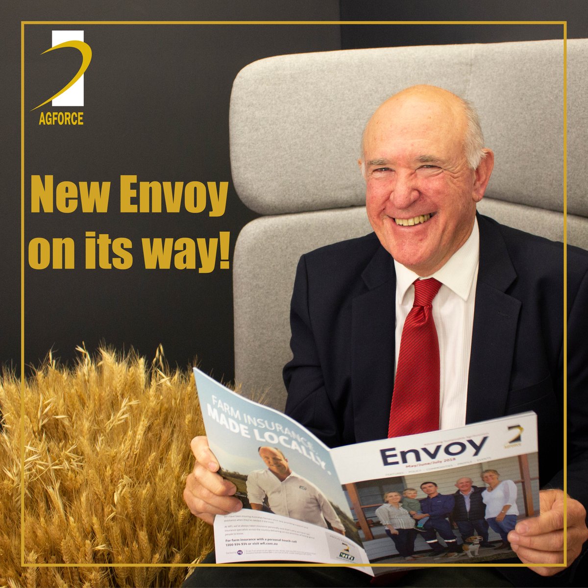 AgForceQLD's tweet photo. Envoy is en route to members. This issue features our much-loved, soon-to-retire Grains President Wayne Newton and his family. An AgForce representative for almost 20 years, they don’t call him @the_professor56 for nothing. His many bushels of knowledge will be missed! 🌾🌾 https://t.co/RlTxAoEbgJ