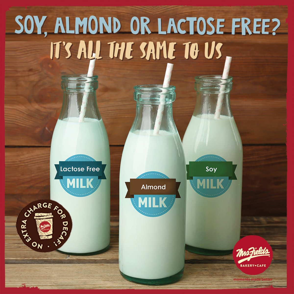 MrsFieldsAus's tweet photo. Soy goodbye to an extra charge for soy milk. And almond milk. And lactose free milk. Whatever your milk choice is for your fave hot drink,  you won't pay a cent more. #SoyMilk #AlmondMilk #LactoseFree #DairyFree #CoffeeTime #MrsFieldsau #momentsmadebetter #milkchoices https://t.co/BDwkIOPYD8