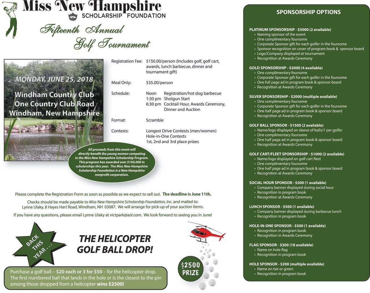 MissNHOrg's tweet image. The Miss New Hampshire Scholarship Program Golf Tournament is coming up soon!  Come have a fun day of golf and delicious food!  We are also selling golf balls and you could win $2,500!!!!