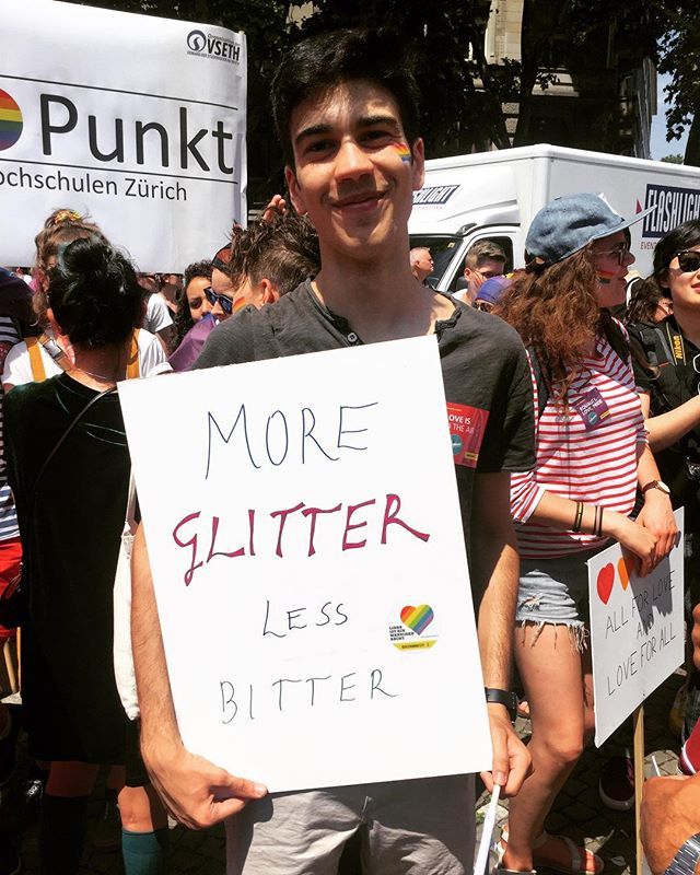pumpkinspiced's tweet photo. Words to live by from Saturday #moreglitter #lessbitter #always #pride #zurichpride https://t.co/ypDy0S7Bvy https://t.co/DboZV75Gkm