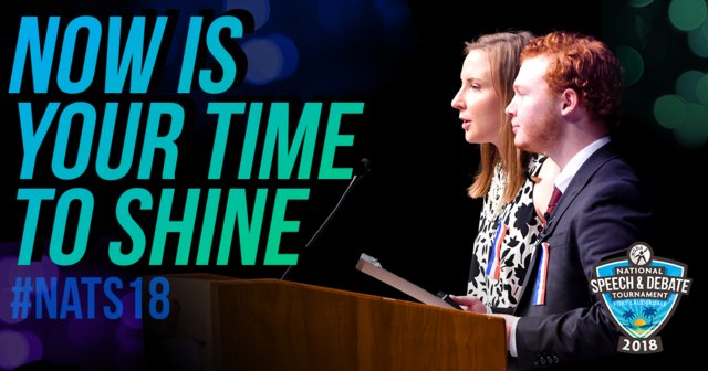 speechanddebate's tweet photo. The 2018 National Speech &amp; Debate Tournament begins this morning. Competitors, make the most of it! #Nats18  @speechanddebate https://t.co/L3uBovqQPI