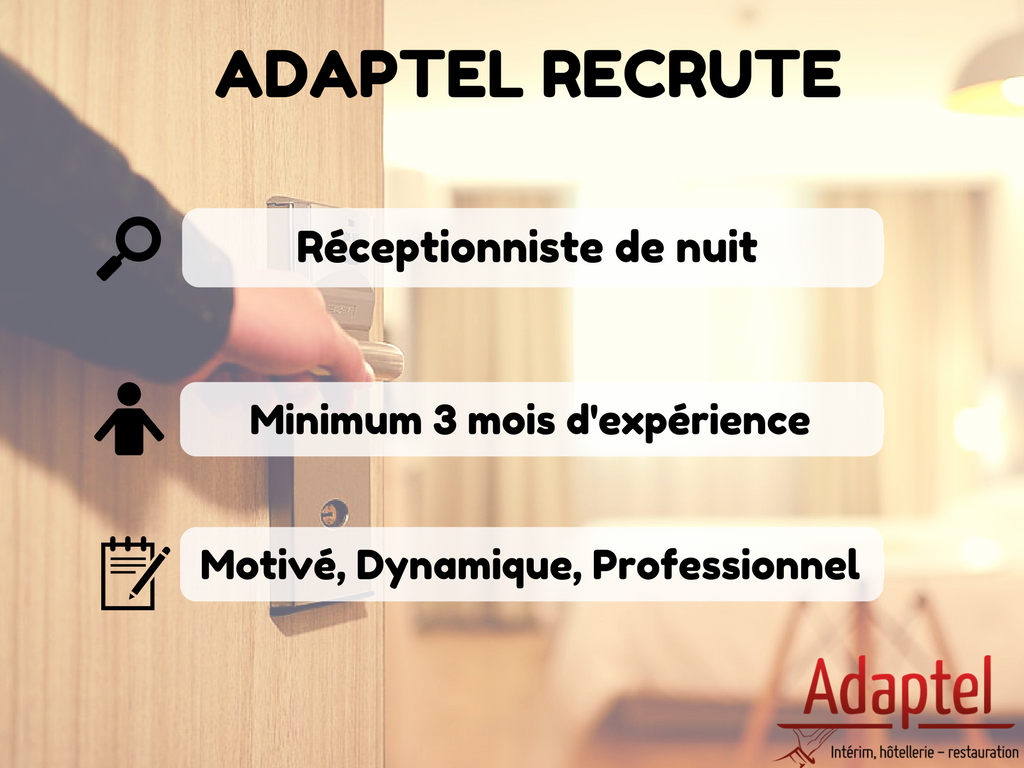 adaptel_paris's tweet photo. Nous recrutons pour un de nos clients en #IDF un(e) réceptionniste de nuit. CV à contactbarboux@adaptel.fr #hôtellerie #emploi #interim https://t.co/bowS34M88n