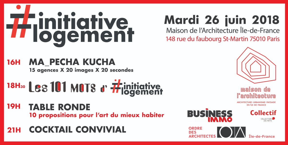 MA_IDF's tweet image. #saveTheDate le 26 juin prochain à partir de 16h venez assister à la restitution de l&apos;évenement #initiativeLogement, au programme : Pecha Kucha avec 15 agences d&apos;archi, présentation du livre et table ronde sur le #logement #teamarchi #architecture