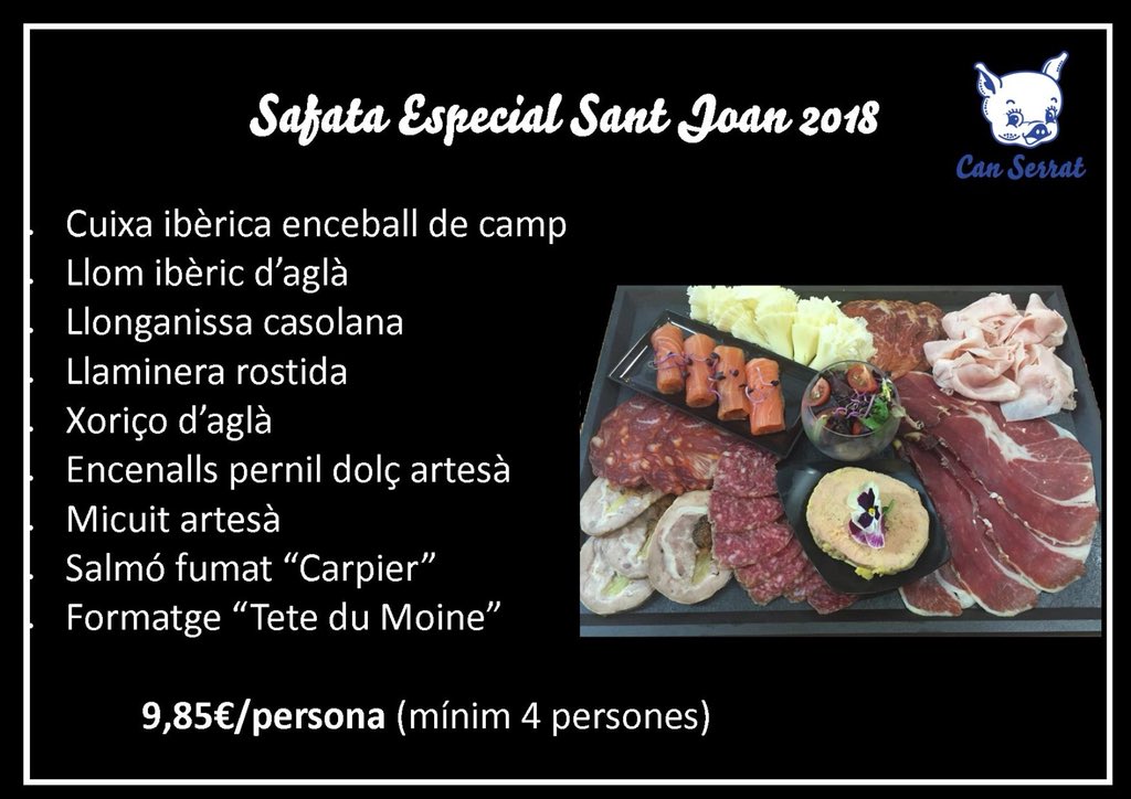 Can_Serrat's tweet photo. Per Sant Joan gaudeix d'embotits de qualitat amb els teus!!

Safates preparades pel mig de la taula, sense haver de preocupar-te de res més... agafa l'especial de sant joan, o trien una altre...   

Pots fer la teva reserva aquí mateix!! https://t.co/0gKSMFUkyH