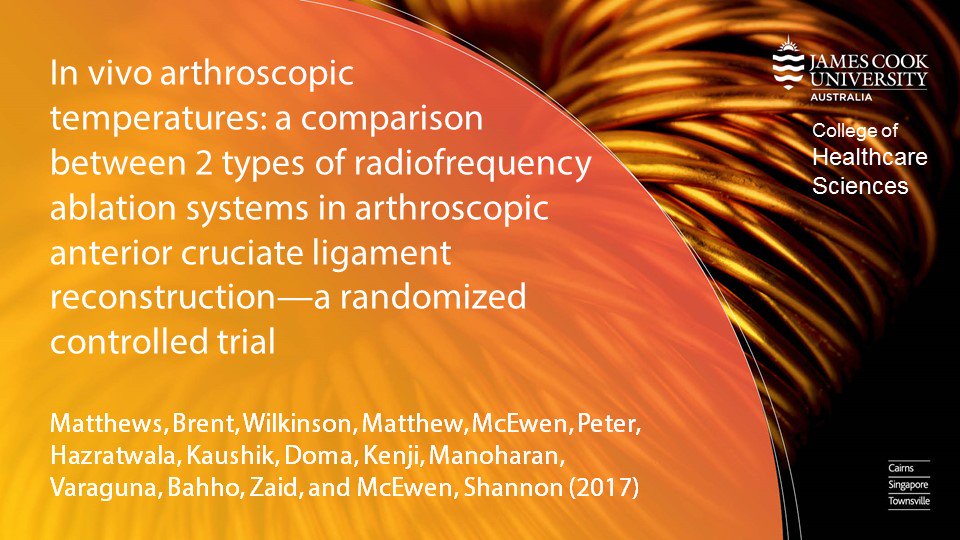 JCUCHS's tweet photo. Recent @JCUCHS publication: In vivo arthroscopic temperatures: a comparison between 2 types of radiofrequency ablation systems in arthroscopic anterior cruciate ligament reconstruction—a randomized controlled trial. https://t.co/FWweTMCX3Q #JCU #research #SportExerciseScience https://t.co/6VSYUE4tsb