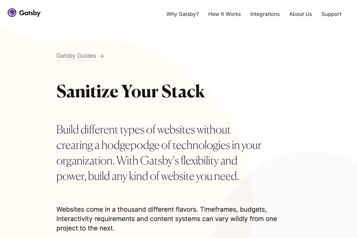 GatsbyJS's tweet photo. Build different types of websites without creating a hodgepodge of technologies in your organization. With Gatsby's flexibility and power, build any kind of website you need. New guide: https://t.co/aGe4FRq0TK https://t.co/BMwe4TsoTq