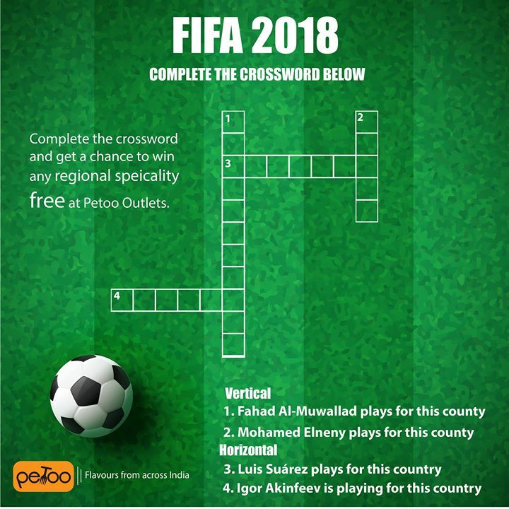 petootweets's tweet image. #contestaleart
Contests are back.
This FIFA World Cup 2018, double your enjoyment by winning these contest. Complete the crossword and get a free Special Regionality meal from Petoo.
We shall select a lucky winner and contact them to provide the offer.
T… ift.tt/2sxcaTh