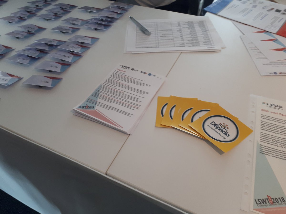 dbpedia's tweet image. #dbpedia swag in place and #lswt2018 is about to start. Up first: @SoerenAuer on #cognitivedata. @akswgroup @LEDSProjekt @eccenca